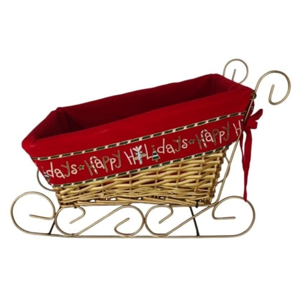 Vintage Wicker Christmas Sleigh With Gold‎ Metal Runners Red/GREEN Liner Decor